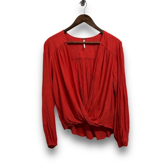 Free People Women's Check On It Faux Wrap Top Flame Red 
Size Medium 22 x 27 - Picture 1 of 4